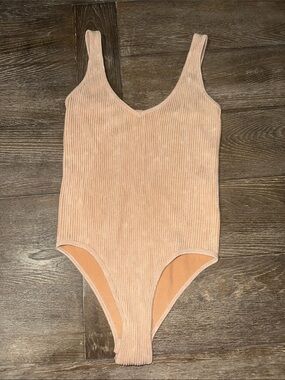 Aura Ribbed Beige Bodysuit S/M Scoop Neck Tank Bodysuit Stretch